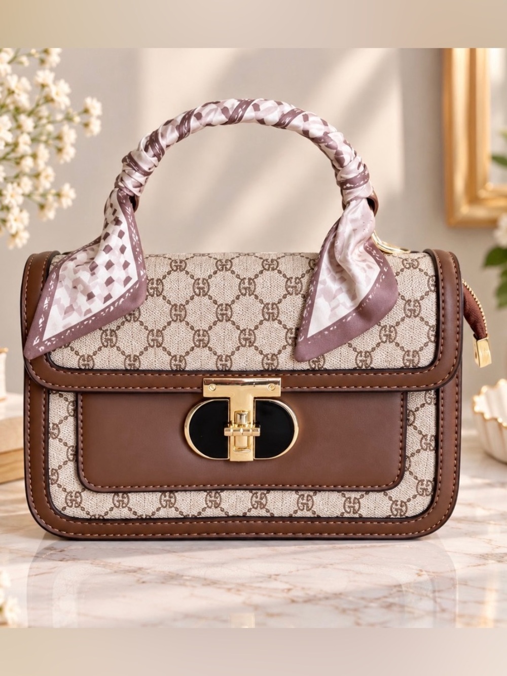 Taupe & Brown Satchel Crossbody Handbag with Scarf Accent Handle